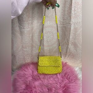 Mod Yellow Faceted Beaded Raffia Straw Purse